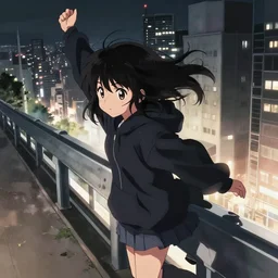 anime visual, portrait of a young black haired girl wearing hoodie sightseeing above the urban city, guardrail, cute face by yoh yoshinari, katsura masakazu, dramatic lighting, dynamic pose, dynamic perspective, strong silhouette, ilya kuvshinov, moody, detailed