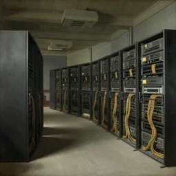 1 8 th century historical painting representing interior of the data center, servers, cables, high quality, hermitage museum catalog,