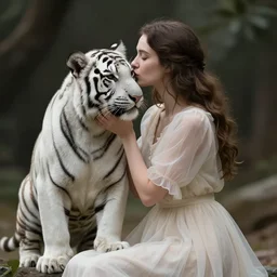 hight focus of a wonderful realistic focused sweet wonderful symmetrical mid portrait of a lonely woman with a detailed majestic, large, semi transparent cream cotton dress who is kissing a realistic white tiger cub, dramatic light, octane render - 8 k