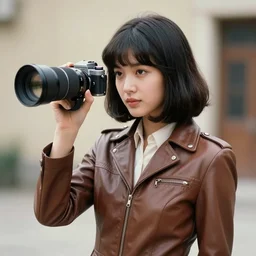 ektachrome, telephoto lens, highly detailed : incredibly realistic, youthful asian demure, exquisite features, feminine cut, portrait photo 1 9 7 0 s frontiers in flight leather suit cosplay fashion, giampaolo segura,