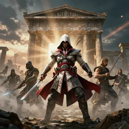 Assassin's Creed mashup with Frank Miller's 300, Greek architecture, dynamic poses, low camera angle, god rays, bloom, volumetric fog, moody ambiance, cinematic lighting, twilight, sunset, Brom, Caravaggio, Rubens, fantasy, portfolio illustration, highly detailed, trending on Artstation, CGsociety, HQ, 8k, 35mm lens, f2.8, Bokeh,