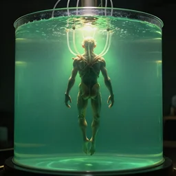 a weird humanoid creature is suspended in a tank of dense liquid, weightlessness, tubes coming from the top of the tank connecting to the creature's body, back lit, blinding green glow creates a lens flare, cinematographic