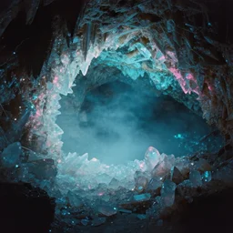 cave with crystals, glitter, volumetric light, foggy, moody, kodak photography, cyan and pink light