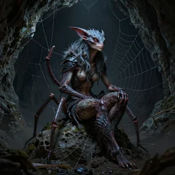 female drider sitting on a spider web in a dark cave, ultra detailed, high fantasy, monster, creature design, dnd, dndbeyond, realistic, concept art, octane render, 8 k, moody lighting, muted colors, blue tone light, dramatic lighting, john singer sargent, matte painting