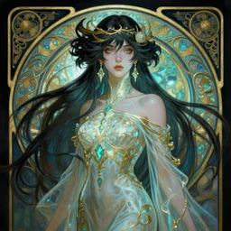 asymmetrical portrait painting, maya ali, wind sorcerer, overlord, gloomhaven, luminescent, art nouveau, fantasy, intricate, elegant, highly detailed, luminescent, octane render aesthetic, matte painting concept art, sharp focus, illustration, art by lawren harris and a. j. casson, artgerm and greg rutkowski and alphonse mucha