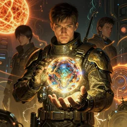 portrait sci-fi art by Moebius and Ruan Jia and Michal Kus, a glowing alien liquid metal orb floating above the hand of a soldier, solar flares, magnetic waves, futuristic environment, detailed and intricate environment, fractal biomech, cyberpunk, neon color bioluminescence, gold and black metal, dramatic lighting, cinematic, high technology, highly detailed portrait, digital painting, artstation, concept art, smooth, sharp focus, ilustration, Artstation HQ