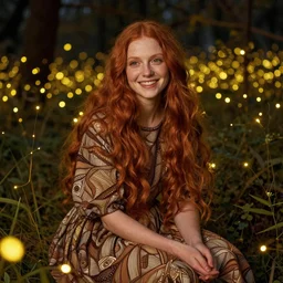a totally enraptured smiling young woman surrounded by golden firefly lights in a mesmerizing scene, sitting amidst nature fully covered! intricate detailed dress, long loose red hair, precise linework, accurate green eyes, small nose with freckles, beautiful smooth oval head, expressive emotions, hyper realistic ultrafine portrait by artemisia gentileschi, jessica rossier, artgerm