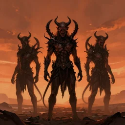 hellish demons rising from the ground, orange sky, digital art