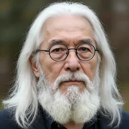 man in his 5 0 s with long white hair, a white chin beard with no mustache and small thin - frame round glasses