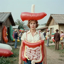 1976 glamorous middle aged woman wearing an inflatable toy head in a small village full of inflatable digestive organs, 1976 French film archival footage technicolor film expired film 16mm Fellini Doris Wishman new wave John Waters movie still