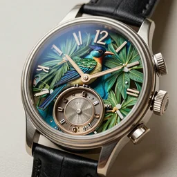 tropical bird repeater watch by Jaquet Droz, steampunk, macro photography, F/2.8, trending on artstation, octane render