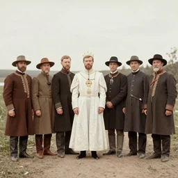 a wide full shot, colored russian and japanese mix historical fantasy of a photograph taken of the royal groom and the best men, photographic portrait, warm lighting, 1 9 0 7 photo from the official wedding photographer for the royal wedding.