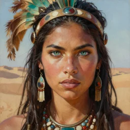 a highly detailed painting of a female amazon warrior with piercing beautiful eyes in desert setting by michael whelan