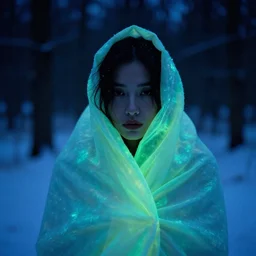 closeup portrait of a woman wrapped in bioluminescent fabric, standing in a snowy forest at night, color photograph, by vincent desiderio, canon eos c 3 0 0, ƒ 1. 8, 3 5 mm, 8 k, medium - format print