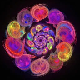 vibrant hearts in abstract form rendered in unreal octane blender maya engine. fractalized spiral encased in a dark border.