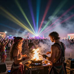 scandy and arender, cooking it up, hot hot hot, splash, ahhhhhhh, roomies, bohemian digitals, playing a live gig at burning man, night time, colored lights, stroboscope, fog machine, no faces visible, huge crowd, ecstatic, photorealistic photography