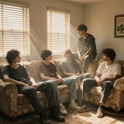 gang members chilling around dirty couch in a beige room thick volumetric dust god rays shines through the blinds kinda atmosphere jonathan zawada style photography