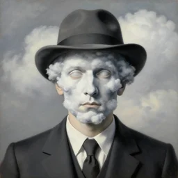 portrait of a man in a suit, his face is fully made of clouds and he is wearing a hat, by rene magritte, detailed painting, hd, hq, high resolution, high detail, 4 k, 8 k