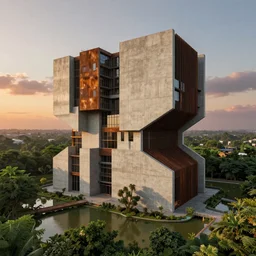 an extremely detailed building, ultra modern brutalist architecture, streetscapes, surrounded by lush green forest and murky ponds of water, stunning volumetric lighting, sunset, rusted steel, smooth solid concrete, stunning skies, trending on Artstation, 8k, photorealistic, hyper detailed, unreal engine 5, IMAX quality, cinematic, epic lighting, in the style of the game DOOM, by Greg Rutkowski