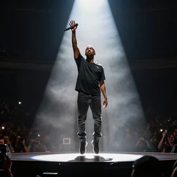 The body of Kanye West rising into the sky in a beam of light at the end of a concert