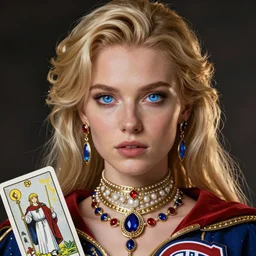 hyperrealistic detailed portrait of a female ice hockey player, Sainte Flanelle, Habs, cleric, futuristic fantasy, D&D, blonde hair, golden sky blue eyeball, red blue white and golden jewelry, soft features, elegant, artstationHD, intricate details, tarot card, cinematic, vibrant