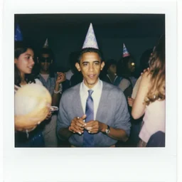 1970s Polaroid of young student Barack Obama during a party, wearing a party hat