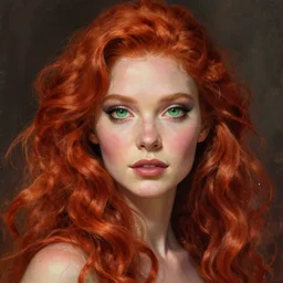 Redhead Pleiadian alien human beautiful hybrid feminine woman, long gorgeous red hair in loose curls, with stunning green eyes, cute round face and a roundish nose, as a retro futuristic heroine, gorgeous digital painting, artstation, concept art, smooth, sharp focus, illustration, art by artgerm and donato giancola and Joseph Christian Leyendecker, Ross Tran, WLOP