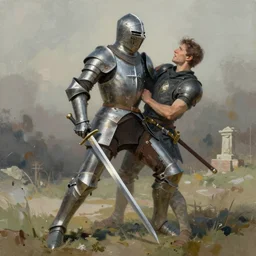 Crying knight impaling comrade with sword in the style of Jeffrey Catherine Jones