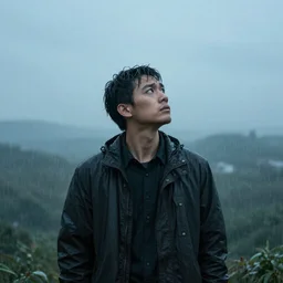 a man standing in the rain looking up toward the sky pondering life realistic sad