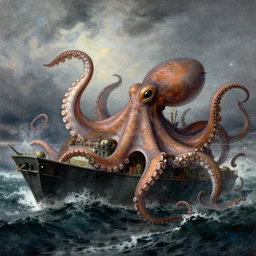 giant octopus with giant tentacles attacking a frigate on a stormy sea, in the style of jmw turner