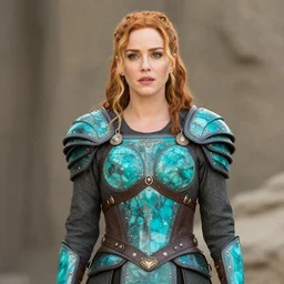 long shot photo of Christina Hendricks as a warrior with malachite armour