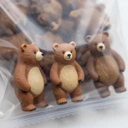 macro shor photograph of tiny realistic looking bears inside of a plastic food package