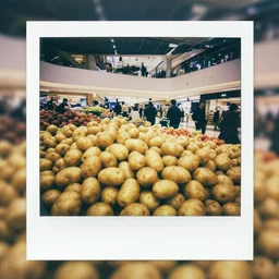 Beatiful Liminal Polaroid Photograph of a Mall filled with potatoes