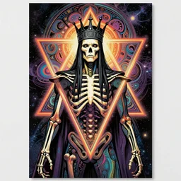 king and psychedelic grainshading print by moebius, richard corben, wayne barlowe, cyberpunk comic cover art, psychedelic triangular skeleton, very intricate, thick outline, full body, symmetrical face, long black crown, in a shapes background, galactic dark colors