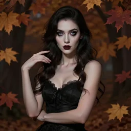 gorgeous female stella maeve magician, realistic character concept, medium shot, elegant pose, spooky, illustration, symmetrical face and body, realistic eyes, artstation, cinematic lighting, hyperdetailed, detailed realistic symmetrical eyes, cgsociety, 8 k, high resolution, charlie bowater, tom bagshaw, single face, insanely detailed and intricate, beautiful, elegant, autumn leaves background, vfx, postprocessing
