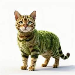 topiary shaped like a bengal cat, clean 3d render, full body, isolated on a pure white background, centered, entire subject in frame, sharp focus, soft studio lighting