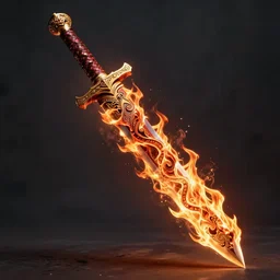 a legendary longsword engulfed in spiral of flames, its handle is made out of dragon skin,