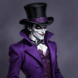 mysterious magician, purple coat, trilby hat, side view, devious smile, art by artgerm and greg rutkowski