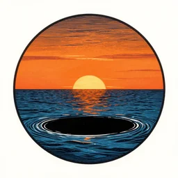 the sea of sadness, a circular black void in the sea, a line of orange sunset, crushing despair, two color woodcut print