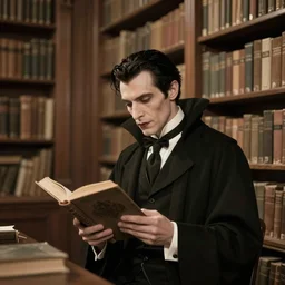 nosferatu dracula as a librarian vampire reading a book in a giant library, vintage photograph
