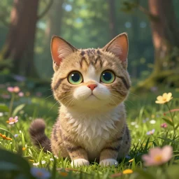 forest, cute funny head - catwith beauty eyes sitting in grass flowers, in the style of craola, shallow depth of field, highly detailed, digital painting, trending artstation, concept art, illustration, cinematic lighting, vibrant colors, photorealism, epic, octane render