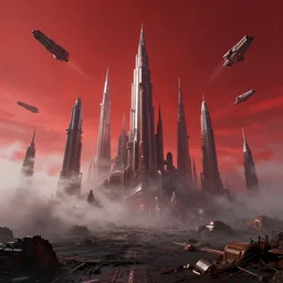 surrounded by fumes, spaceships raced through the beautiful red sky, above the metallic remains of ancient times. rising above the dark grounds, gigantic, enlightened buildings stood, like hundreds of needles piercing the sky. those overwhelming skyscrapers seemed almost able to reach the stars as if trying to reveal the immensity of this unknown universe, blender render,