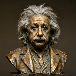 a bronze bust of Albert Einstein visible disappointed by humanity