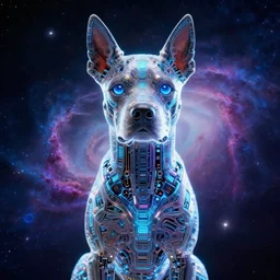 symmetric! portrait of a cyborg dog, intricate detailed glowing, background outer space nebula, luminescent digital art by clemens asher and artgerm, 8 k hdr