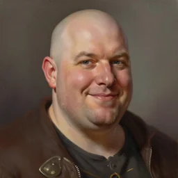 a head - on detailed oil portrait of a handsome round - faced smiling bald man, by charlie bowater, lise deharme, wlop, trending on artstation, dungeon and dragons art, critical role