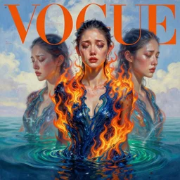 3 d, crying fashion model, flame, liquid deep blue and green water, morning, vogue cover style, poster art, high detail, intricate oil painting, multiple exposure, heaven mood, hyperrealism, 3 d, by tooth wu and wlop and beeple and greg rutkowski