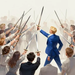 a crowd throwing swords at a blond man in a blue suit, surrounded by a crowd, intricate, elegant, ultra realistic illustration, highly detailed, digital painting, artstation, concept art, smooth, sharp focus, illustration, art by artgerm and greg rutkowski and alphonse mucha