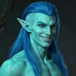 a portrait of a turquois skinned sea elf, buff, elegant, chiseled jaw, smiling, beautiful man, long blue hair on top, short hair on sides, style by donato giancola, wayne reynolds, jeff easley dramatic light, high detail, cinematic lighting, artstation, dungeons and dragons