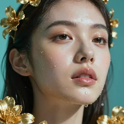 hyperrealistic precisionist cinematic very expressive! savannah bond goddess, water mirror dripping droplet!, gold flowers, highly detailed face, digital art masterpiece, smooth eric zener cam de leon, dramatic pearlescent turquoise light on one side, low angle uhd 8 k, shallow depth of field