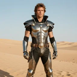 portrait hunk dressed in 1 9 8 1 space fantasy fashion, heavy metal, shiny metal, standing in a desert